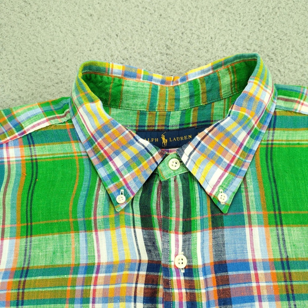 Ralph Lauren Shirt Mens 2XB Big Green Plaid 100% Linen Button Down Short Sl - Picture 6 of 16
